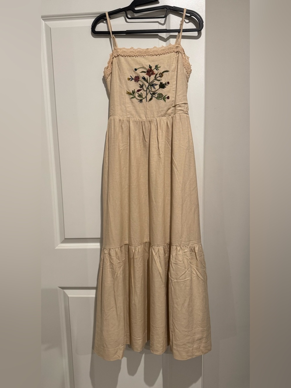 Lucky Brand Cream Floral Embroidered Spaghetti Strap Maxi Dress
